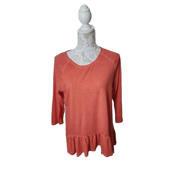 Hannah Tops - Hannah Peplum Top 3/4 Sleeve Orange Sun Washed Rinse Women's Medium